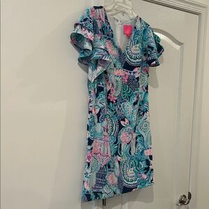 Lilly Pulitzer Blue and Pink Floral Kathie Mini Dress in Lookin Sharp